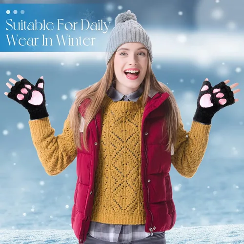 Vista 5 de SATINIOR 3 pares de guantes de pata de gato, guantes sin dedos, guantes de felpa de invierno para mujeres y niñas