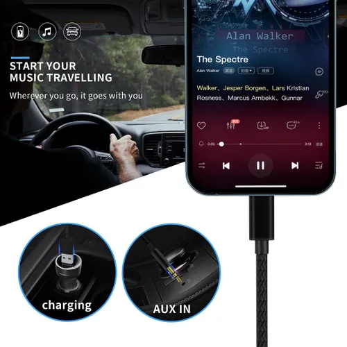Vista 2 de Cable de carga de audio 2en1 Cable AUX para coche Compatible con teléfono 12 11 SE XS XR X 8 7, adaptador de carga de audio y USB A Funciona
