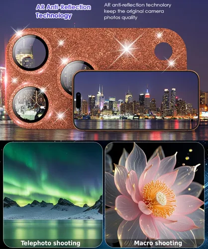 Vista 5 de Protector de lente de cámara compatible con iPhone 17 Pro Max [cobertura completa] Pantalla de vidrio templado 9H, cubierta de cámara con purpurina