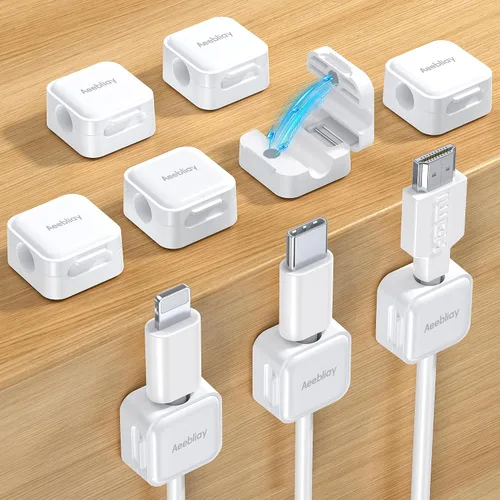 Vista 8 de Paquete de 9 clips magnéticos para cables, organizador de cables para escritorio, clips para cables, organizador adhesivo para cables USB, soporte