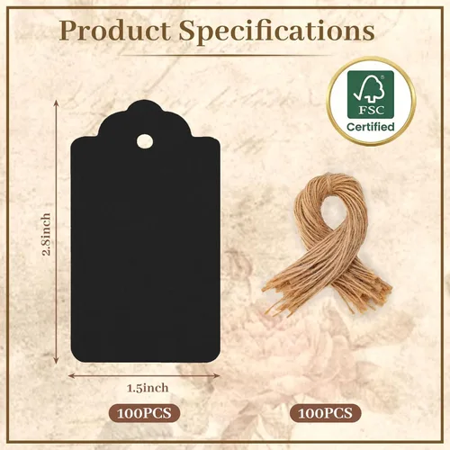 Vista 6 de SallyFashion 100 etiquetas de regalo con cuerda adjunta, 1.5 x 2.8 pulgadas, etiquetas de regalo negras de papel negro para ropa, manualidades