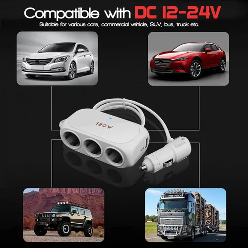 Vista 6 de Adaptador divisor de encendedor de cigarrillos de coche de 3 enchufes, 2 extensores USB [120W] [12V/24V] [cargador de coche dual USB de 3.1 A]