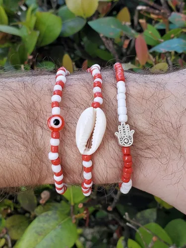 Vista 27 de 3 pcs Ilde Cowrie seashell Evil Eye Hamsa Hand Orisha Santeria Pulseras Bracelet Set
