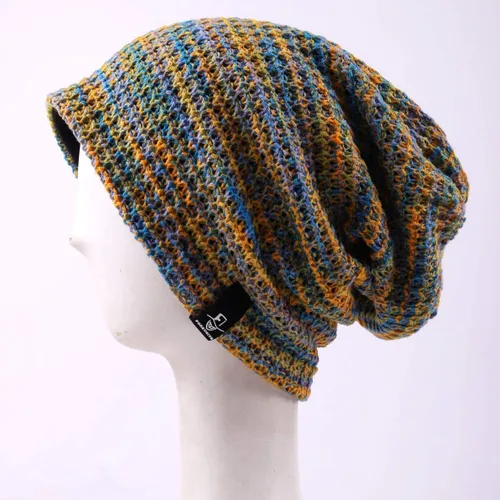 Vista 4 de Gorro holgado para mujer, boina de punto, gorra de calavera holgada para invierno y verano, B08w Azul/Amarillo/Púrpura