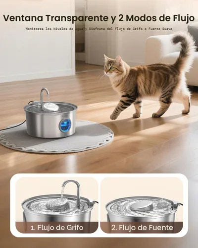 Vista 5 de Invengo Fuente de agua para gatos de acero inoxidable, fuente para mascotas de 108 oz/3.2 L con gran ventana de nivel de agua, dispensador