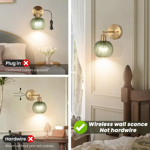 Vista 7 de Juego de dos apliques de pared vintage, funciona con pilas, con pantalla de cristal de tulipán verde oscuro, lámpara de pared recargable con control