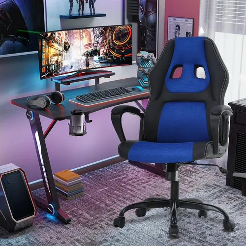 Vista 2 de Silla ergonómica para juegos de PC, silla de computadora con respaldo alto, soporte lumbar, ajustable, giratoria, de piel sintética, silla de Azul