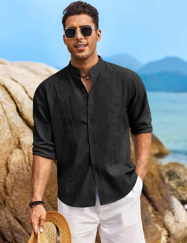 Vista 2 de COOFANDY Camisas casuales de lino para hombre, camisa de playa de manga larga con botones