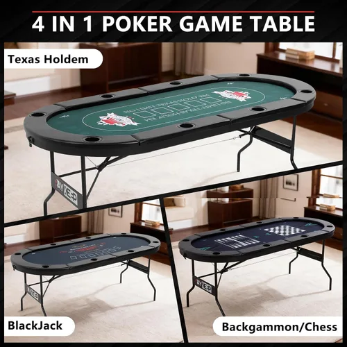 Vista 2 de RAYKEEP - Mesa de póquer plegable 4 en 1 de 72 pulgadas con alfombrilla de juego intercambiable 8 Player Folding Casino Table for Texas Holdem and
