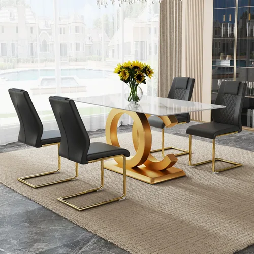Vista 10 de Ebullient Juego de Mesa de Comedor Moderno para 4, Juego de 5 Piezas de Mesa de Comedor y Sillas para 4, Tablero de Mesa de Mármol PDLB y Base