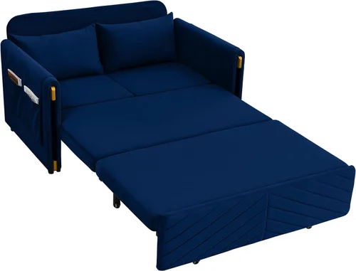 Vista 4 de Sofá cama de terciopelo de 54 pulgadas con cama desplegable, convertible, moderno, ajustable y multiposición con 2 bolsillos desmontables