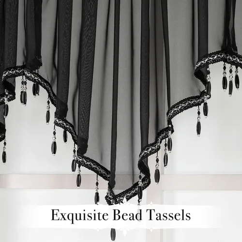 Vista 3 de WUBODTI Cortinas transparentes con cenefa con cuentas negras para ventanas, 1 unidad, cenefas de cortina semitransparentes para dormitorio y cocina
