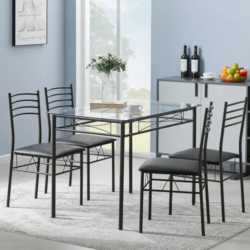 Vista 2 de VECELO Juego de mesa de comedor para 4, mesa de cocina de vidrio de 5 piezas con sillas acolchadas tapizadas para espacios pequeños, rincón