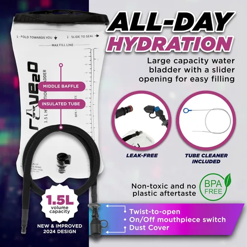 Vista 4 de Mochila de Hidratación Rave – Paquete de Hidratación Antirrobo para Festivales con Bolsa de 1.5L de TPU a Prueba de Fugas – Paquete de Agua Delgado