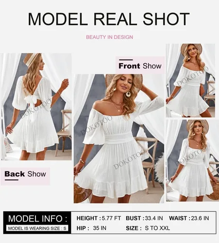 Vista 2 de Dokotoo Vestidos de verano para mujer, cuello cuadrado, lazo en la espalda, manga farol, volantes, vestido casual acampanado