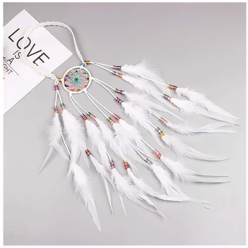 Vista 5 de Fodattm Diadema bohemia hecha a mano con plumas atrapasueños tocado tocado hippie estilo indio diadema (blanco)