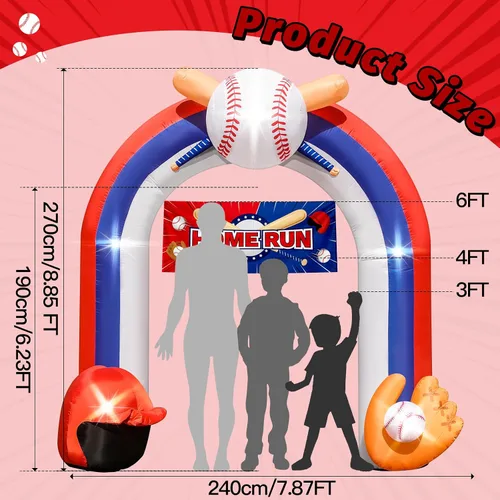Vista 2 de Arco inflable gigante de béisbol de 9 pies para decoración de fiesta de campo de béisbol Baseball Blow-Up With Home Run Banner 1 Blower and 5