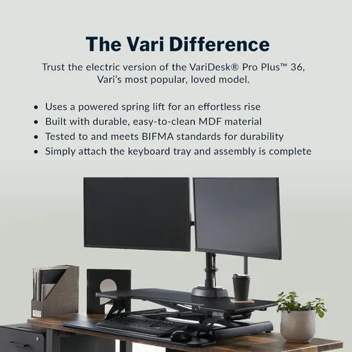 Vista 4 de Vari Varidesk Pro Plus 36 - Convertidor eléctrico de escritorio de pie, 11 ajustes de altura + elevación de resorte, diseño de 2 niveles, bandeja