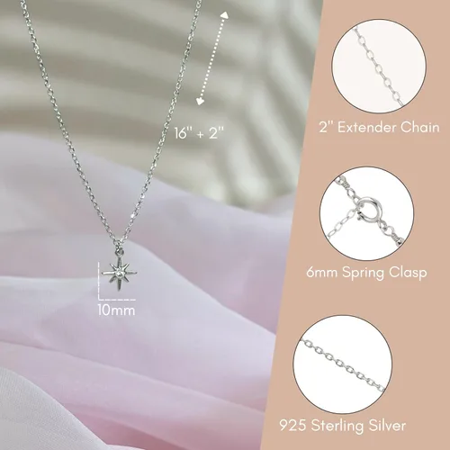 Vista 5 de Annika Bella Collar de plata de ley con estrella para mujer, longitud de 15 a 17 pulgadas, pequeño collar con dije de estrella del norte