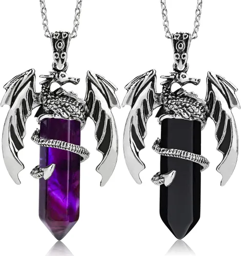 Vista 8 de Collar de dragón – Colgante hexagonal de plata envuelto en cristal con cristal natural – Joyería genial para hombres y mujeres