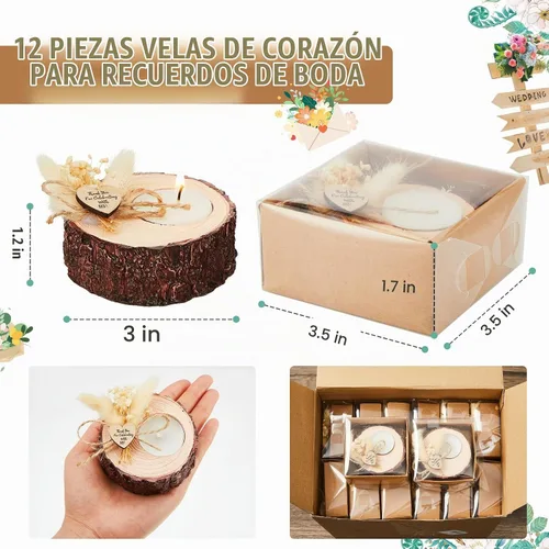Vista 2 de 12 piezas de velas de boda para invitados – Portavelas conmemorativo de madera para despedida de soltera, recuerdos rústicos, regalos de invitados