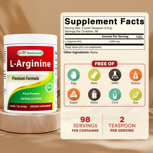 Vista 2 de Best Naturals L-Arginina en polvo de 1 libra – Forma pura libre de grado farmacéutico – Los mejores suplementos de arginina de aminoácidos