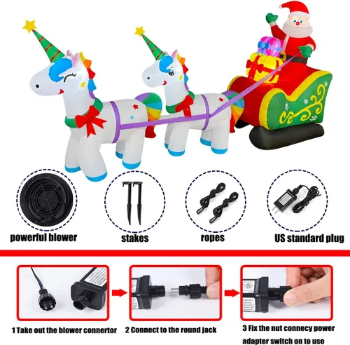 Vista 6 de SEASONBLOW Papá Noel inflable de Navidad de 9 pies en trineo con 2 decoraciones de unicornio con luz LED para patio, césped, jardín, hogar, fiesta