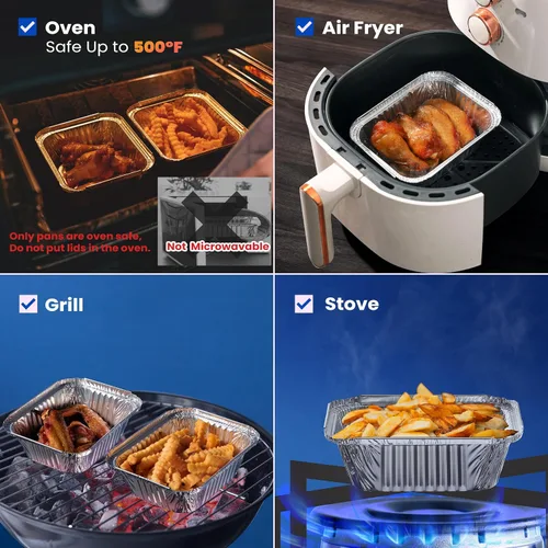 Vista 4 de Fit Meal Prep Paquete de 100 sartenes pequeñas de papel de aluminio de 1 libra con tapas, recipientes desechables para alimentos con tapas