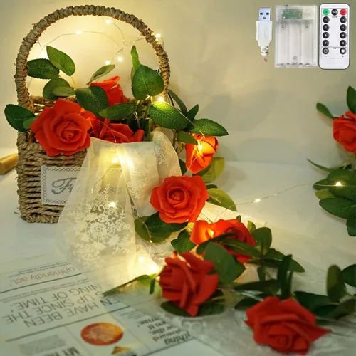 Vista 8 de Cadena de luces de rosa alimentadas por batería o USB con control remoto, luces de hadas de rosa impermeables para dormitorio, Navidad, festivales