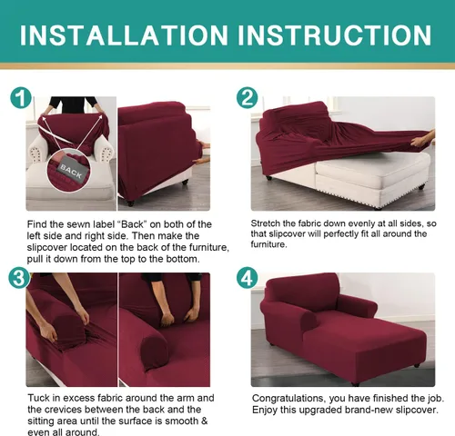 Vista 6 de Funda ajustada para sofá chaise lounge - Funda elástica para chaise de doble brazo con protector (Rojo vino, cuadros pequeños)