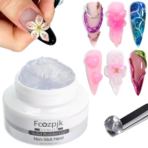 Vista 10 de Fcozpjk Gel constructor sólido de 30g para uñas y gel de esmalte de 15g, gel duro transparente no pegajoso para uñas con lápiz de tallado de Gel