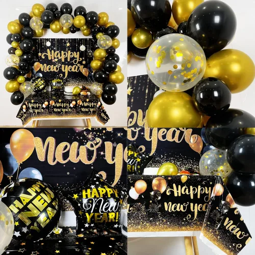 Vista 5 de NEY Party Supplies 2026 Decoraciones 2026 Feliz Año Nuevo con fondo negro dorado, mantel, globos grandes de aluminio, látex, globos de confeti