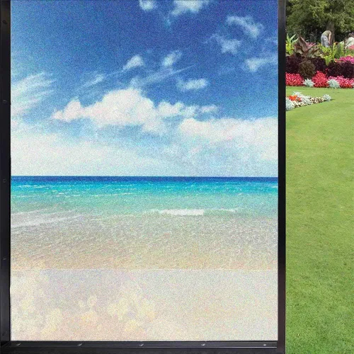 Vista 30 de Película decorativa de privacidad para ventana, control de calor, bloqueo solar, protección UV, diseño abstracto oceánico, adherencia estática Azul