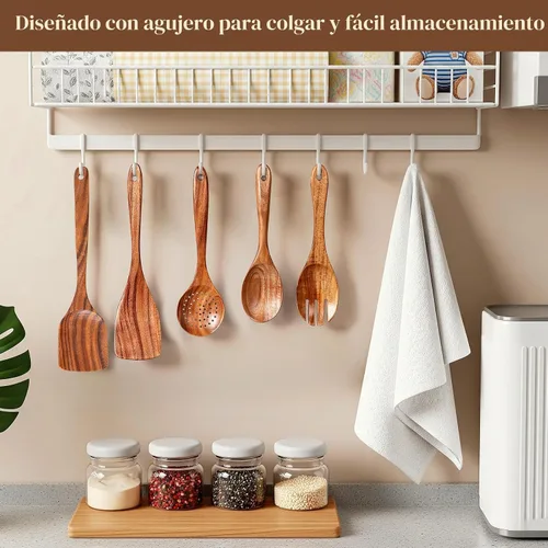 Vista 8 de Cucharas de madera para cocinar, juego de 12 utensilios de cocina de madera antiadherentes con agarre cómodo, 100% madera de teca natural