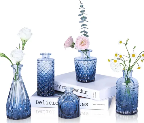Vista 16 de UPBUD Juego de 5 jarrones de cristal ámbar, pequeños jarrones marrones para flores Mini jarrones a granel para decoraciones de boda, jarrón