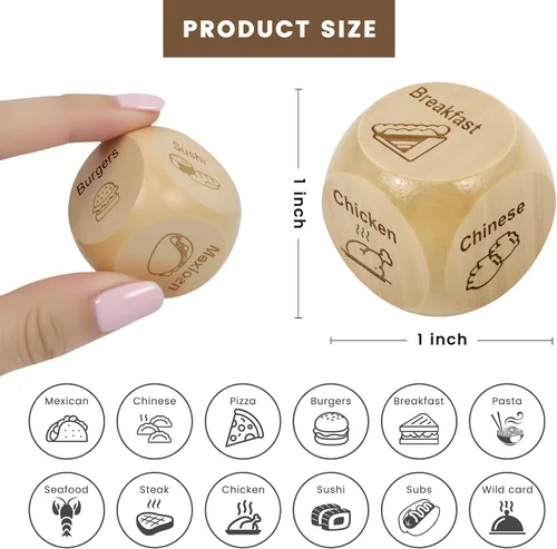 Vista 2 de 2 piezas de dados de madera para juegos de decisión de comida, dados para noche de citas, regalo para parejas, para él o ella, para cumpleaños