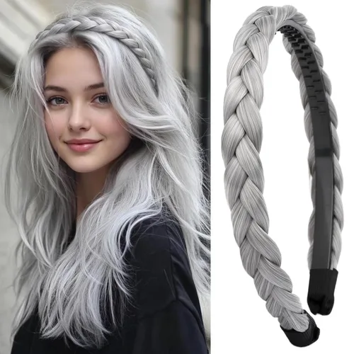Vista 30 de Ancho de 1.5 cm Banda de pelo sintético trenzada estrecha con dientes para mujeres y niñas (Negro)