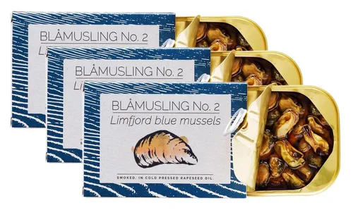 Vista 2 de Fangst Blamuslinger No. 2 Mejillones azules de fiordo limfjord estañados ahumados en aceite de colza prensado en frío 1 lata de 3.53 oz