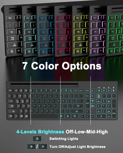 Vista 2 de Combo de teclado y mouse inalámbricos, 7 efectos retroiluminados, letras iluminadas, recargable, soporte para teléfono, mouse de 6 botones, ángulo