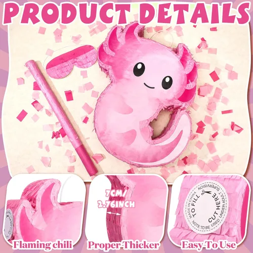 Vista 6 de Piñata de ajolote rosa para cumpleaños, fiesta de Navidad, piñata rosa con palo, confeti para Navidad, regalo de adultos, decoración de fiestas