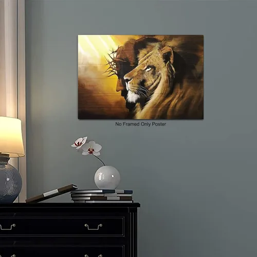 Vista 3 de Mislojade Lienzo decorativo para pared, diseño de león de Judá, pinturas negras de Jesús, decoración para sala de estar, póster e impresiones