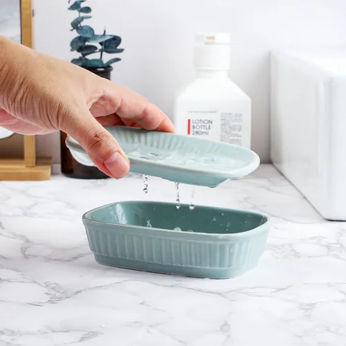 Vista 5 de VanEnjoy Jabonera de cerámica verde, jabonera autodrenante para fregadero de cocina, tenedor decorativo del cuarto de baño
