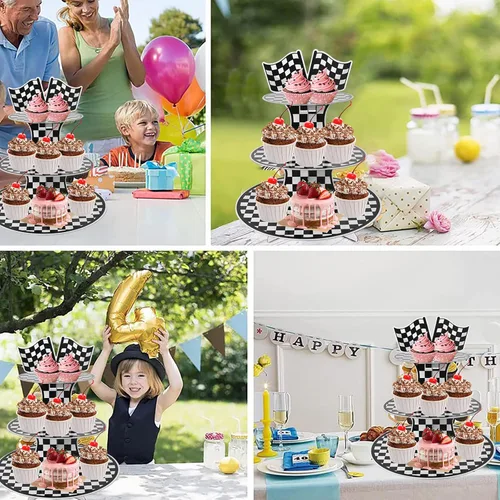 Vista 5 de Soporte de cartón para cupcakes con temática de automóvil de carreras, soporte redondo de 3 niveles para cupcakes, soporte de postre para autos