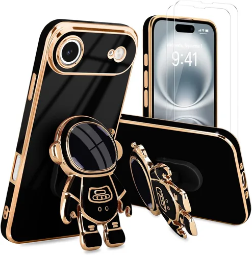 Vista 36 de Pepmune - Funda para iPhone 15 con soporte de astronauta 3D, color negro [2 Screen Protector], Luxury Electroplated Soft TPU Cover with Kickstand