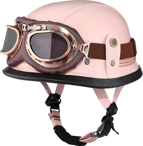 Vista 10 de Yesmotor - Casco de media cara estilo retro alemán de cuero hecho a mano con hebilla de liberación rápida y gafas protectoras - Aprobado por DOT