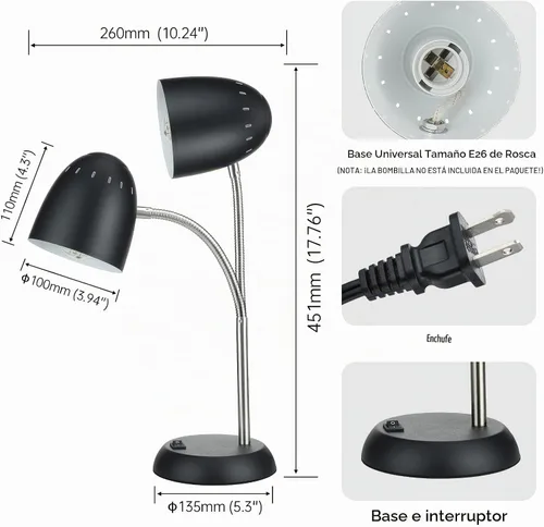 Vista 3 de Lámpara de mesa de diseños simples para cuidar los ojos, lámpara de escritorio básica de metal LED E26 con cuello de ganso flexible, lámpara de Negro