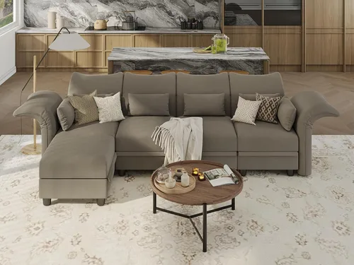 Vista 27 de LLappuil Sofá modular de terciopelo en forma de L con almacenamiento, sofá moderno de 5 plazas de 127.8 pulgadas con diván, sofás reclinables de Azul
