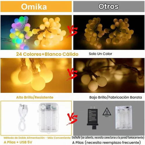 Vista 5 de OMIKA Guirnalda de luces de 20 pies, 40 LED de 24 colores cambiantes, funciona con pilas, luces de Navidad alimentadas por USB, cadena de luces