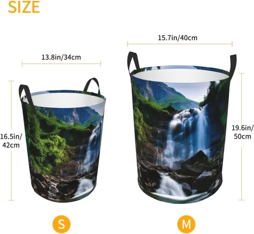 Vista 5 de Scenic mountain waterfall print Circular Hamper Waterproof Storage Bin Organizer Basket Laundry Hamper With Handles For Clothes Toys Small