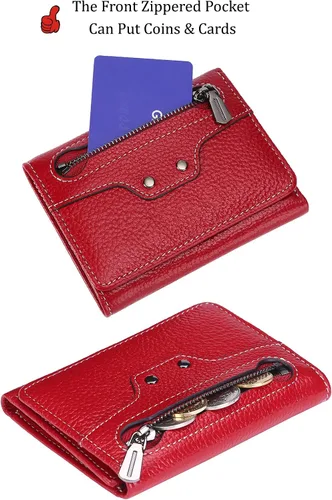 Vista 3 de AINIMOER Cartera pequeña de piel para mujer, delgada, compacta, con bloqueo RFID, con bolsillo para monedas, Lichee Wine Rfid Bloqueo, talla única